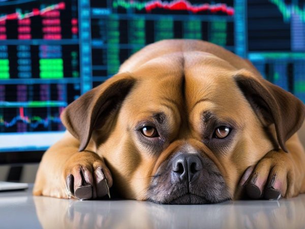 A forex trading system's dog looking at the camera with a sleepy expression, and a forex trading chart in the background