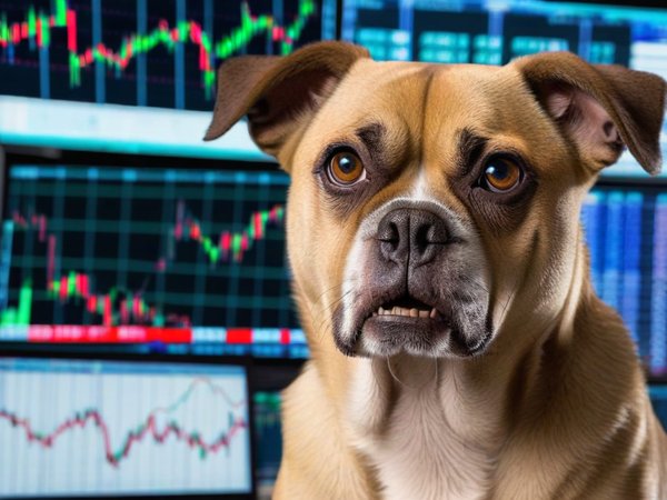A forex trading system's dog looking at the camera with a angry expression, and a forex trading chart in the background