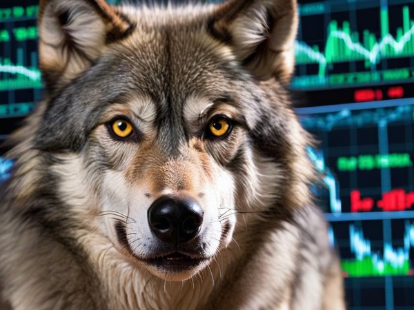 A forex trading system's wolf looking at the camera with a silly expression, and a forex trading chart in the background