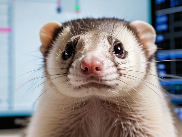 A forex trading system's ferret looking at the camera with a confused expression, and a forex trading chart in the background