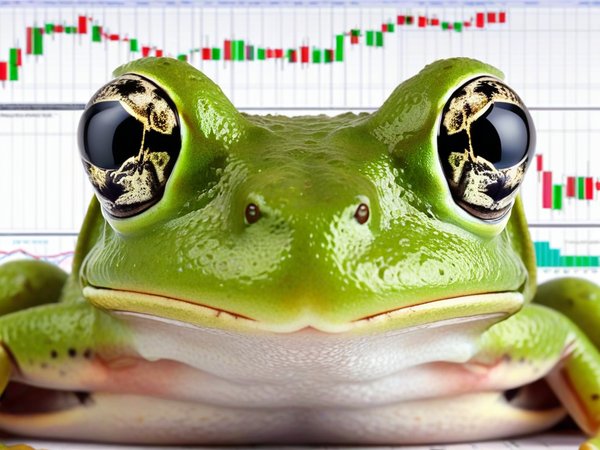 A forex trading system's frog looking at the camera with a content expression, and a forex trading chart in the background