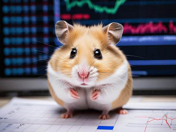 A forex trading system's hamster looking at the camera with a determined expression, and a forex trading chart in the background