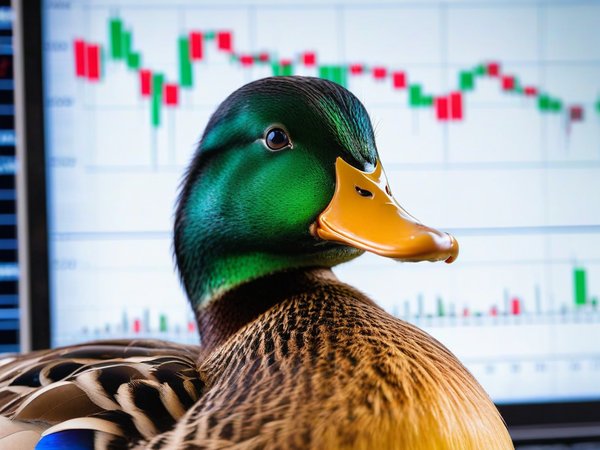 A forex trading system's duck looking at the camera with a sleepy expression, and a forex trading chart in the background