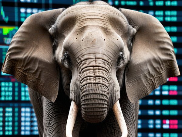 A forex trading system's elephant looking at the camera with a grumpy expression, and a forex trading chart in the background