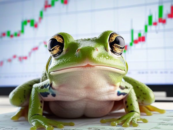 A forex trading system's frog looking at the camera with a love-struck expression, and a forex trading chart in the background