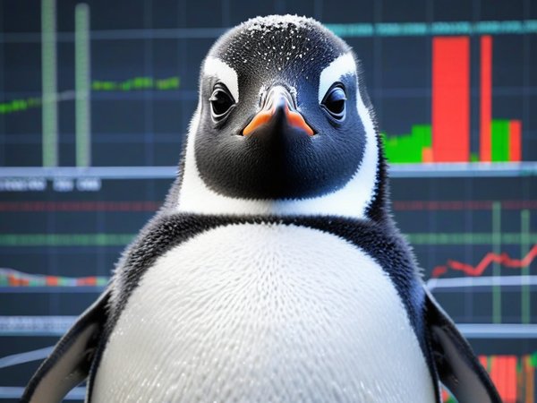 A forex trading system's penguin looking at the camera with a frustrated expression, and a forex trading chart in the background