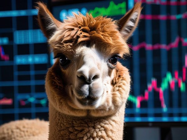 A forex trading system's alpaca looking at the camera with a angry expression, and a forex trading chart in the background