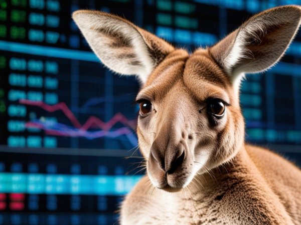 A forex trading system's kangaroo looking at the camera with a sleepy expression, and a forex trading chart in the background