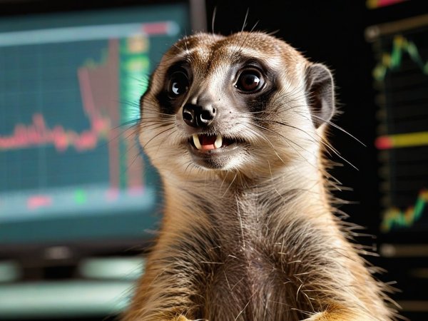 A forex trading system's meerkat looking at the camera with a excited expression, and a forex trading chart in the background