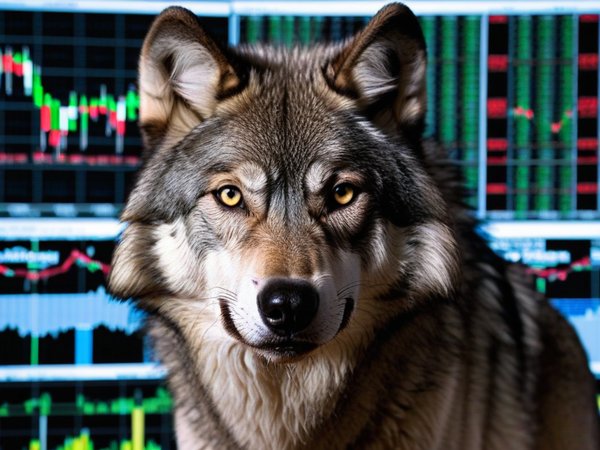 A forex trading system's wolf looking at the camera with a relieved expression, and a forex trading chart in the background