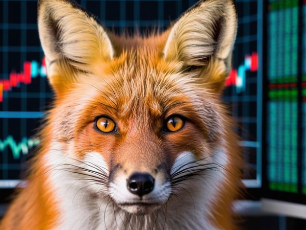 A forex trading system's fox looking at the camera with a determined expression, and a forex trading chart in the background