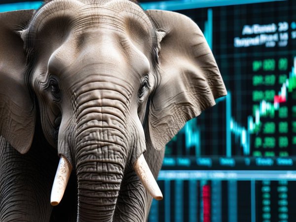 A forex trading system's elephant looking at the camera with a content expression, and a forex trading chart in the background