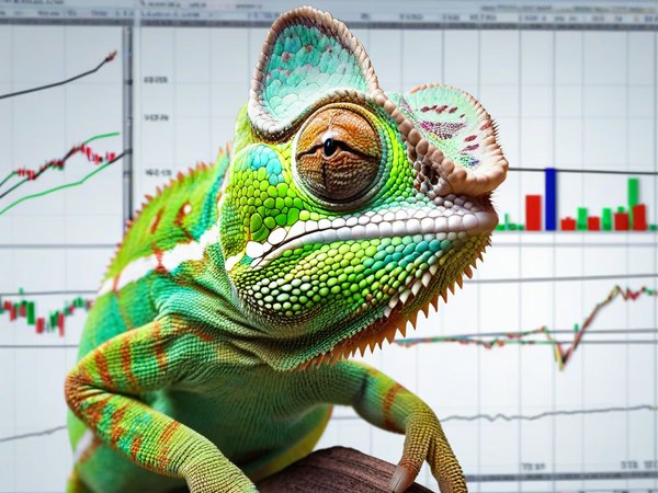 A forex trading system's chameleon looking at the camera with a amazed expression, and a forex trading chart in the background
