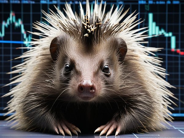 A forex trading system's porcupine looking at the camera with a mischievous expression, and a forex trading chart in the background