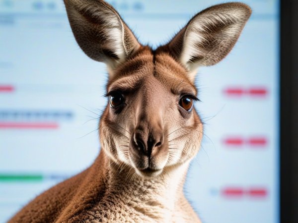 A forex trading system's kangaroo looking at the camera with a shy expression, and a forex trading chart in the background