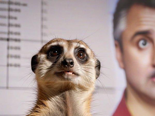 A forex trading system's meerkat looking at the camera with a shocked expression, and a forex trading chart in the background
