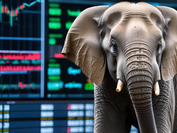 A forex trading system's elephant looking at the camera with a skeptical expression, and a forex trading chart in the background
