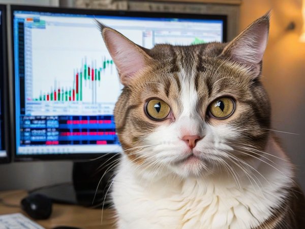 A forex trading system's cat looking at the camera with a sneaky expression, and a forex trading chart in the background