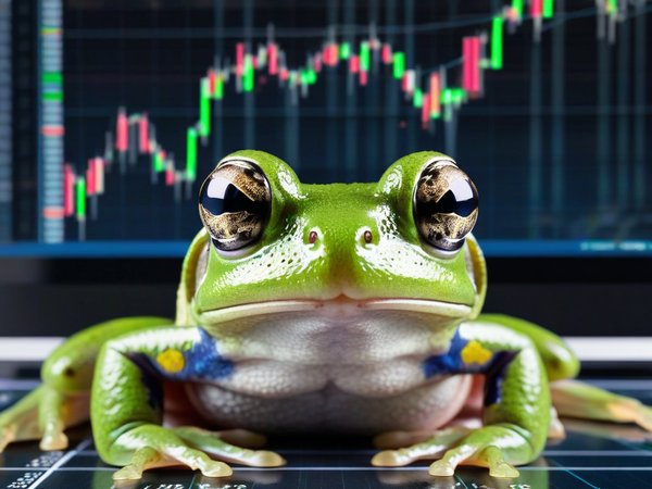 A forex trading system's frog looking at the camera with a annoyed expression, and a forex trading chart in the background