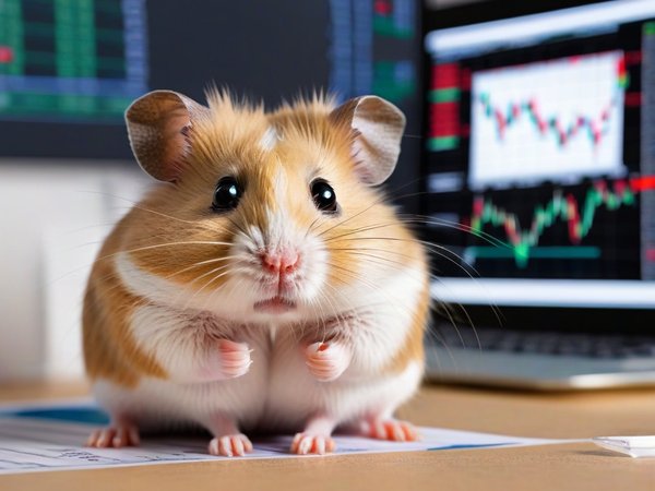 A forex trading system's hamster looking at the camera with a worried expression, and a forex trading chart in the background