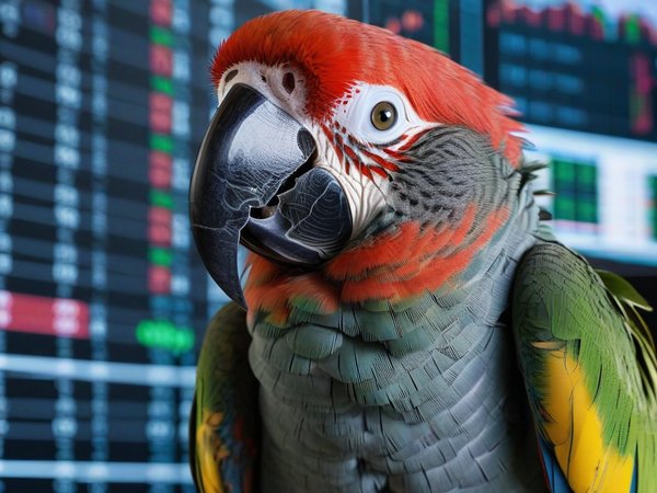 A forex trading system's parrot looking at the camera with a proud expression, and a forex trading chart in the background
