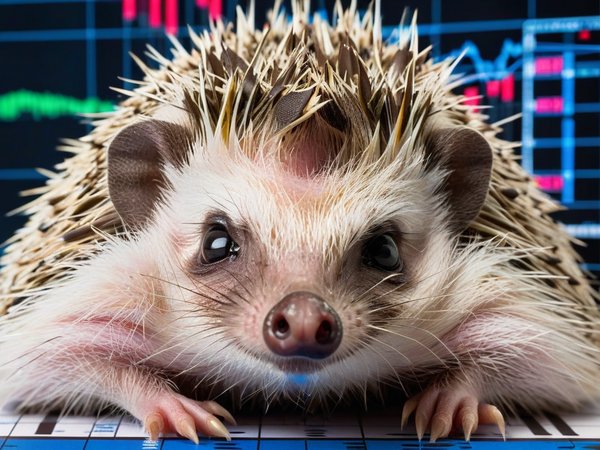 A forex trading system's hedgehog looking at the camera with a sad expression, and a forex trading chart in the background