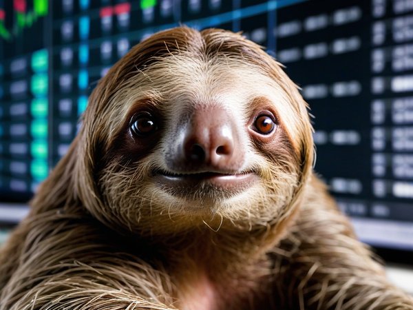 A forex trading system's sloth looking at the camera with a sneaky expression, and a forex trading chart in the background