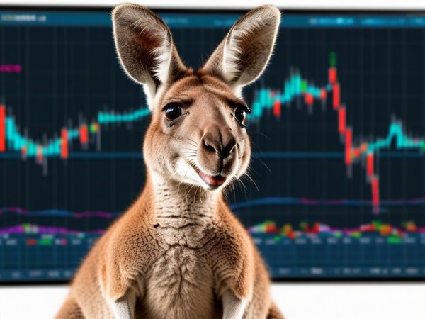 A forex trading system's kangaroo looking at the camera with a joyful expression, and a forex trading chart in the background