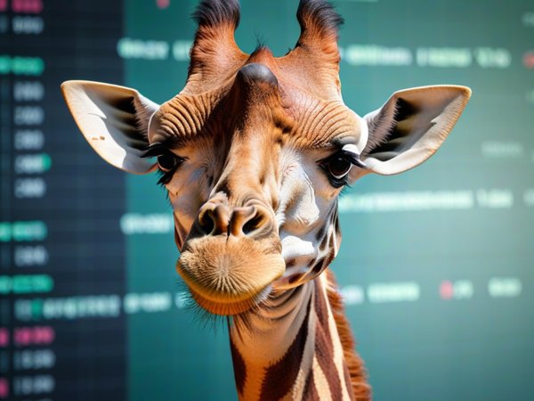 A forex trading system's giraffe looking at the camera with a sneaky expression, and a forex trading chart in the background
