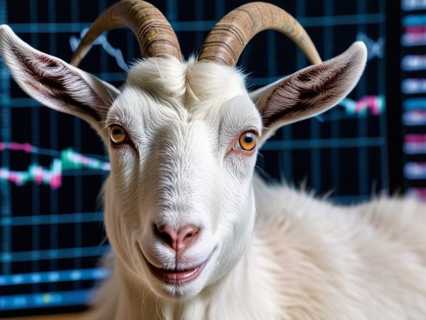 A forex trading system's goat looking at the camera with a mischievous expression, and a forex trading chart in the background