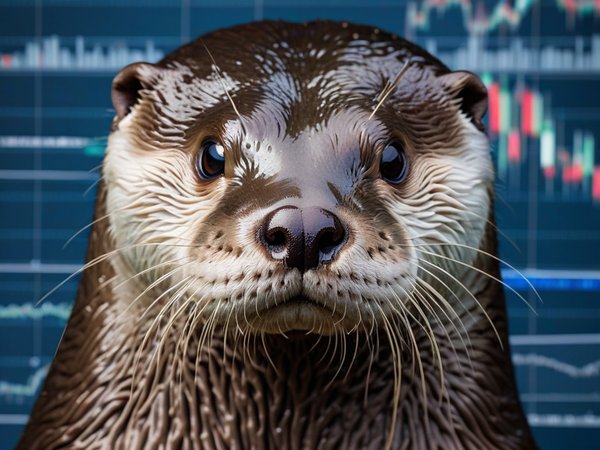 A forex trading system's otter looking at the camera with a love-struck expression, and a forex trading chart in the background