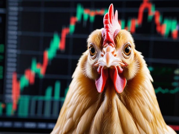 A forex trading system's chicken looking at the camera with a relieved expression, and a forex trading chart in the background