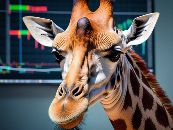 A forex trading system's giraffe looking at the camera with a sad expression, and a forex trading chart in the background