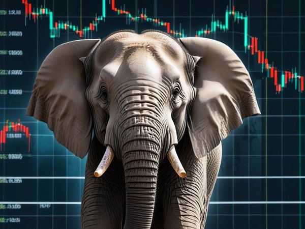 A forex trading system's elephant looking at the camera with a joyful expression, and a forex trading chart in the background