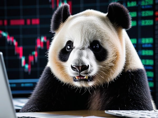 A forex trading system's panda looking at the camera with a scared expression, and a forex trading chart in the background