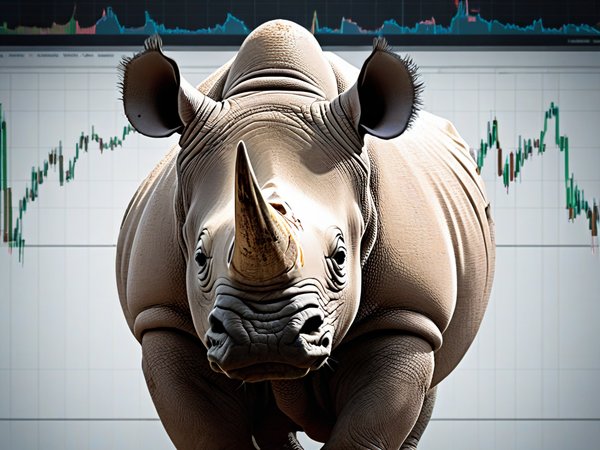 A forex trading system's rhino looking at the camera with a mischievous expression, and a forex trading chart in the background