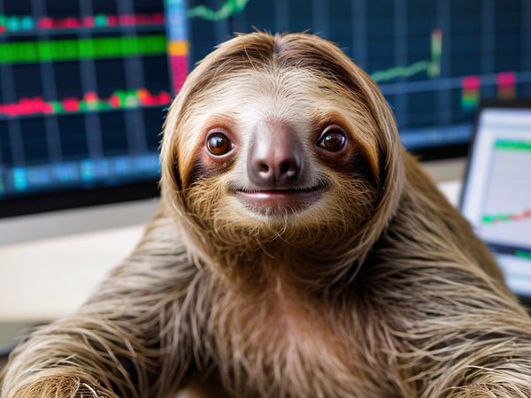 A forex trading system's sloth looking at the camera with a amazed expression, and a forex trading chart in the background