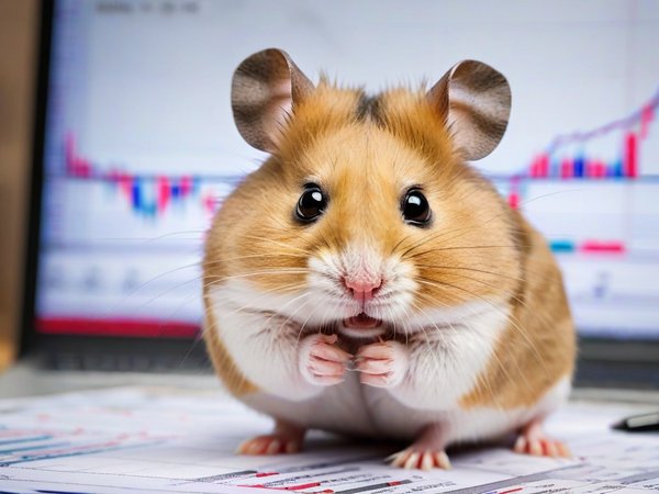 A forex trading system's hamster looking at the camera with a angry expression, and a forex trading chart in the background