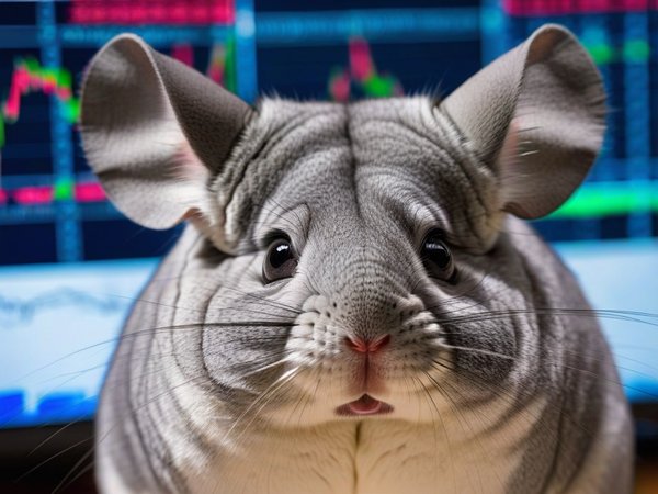 A forex trading system's chinchilla looking at the camera with a scared expression, and a forex trading chart in the background