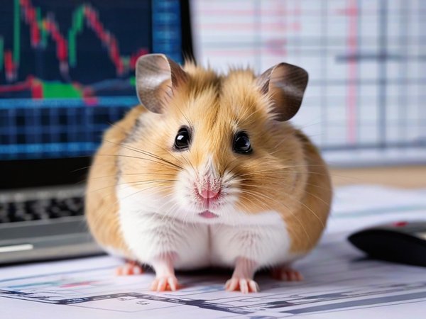 A forex trading system's hamster looking at the camera with a annoyed expression, and a forex trading chart in the background