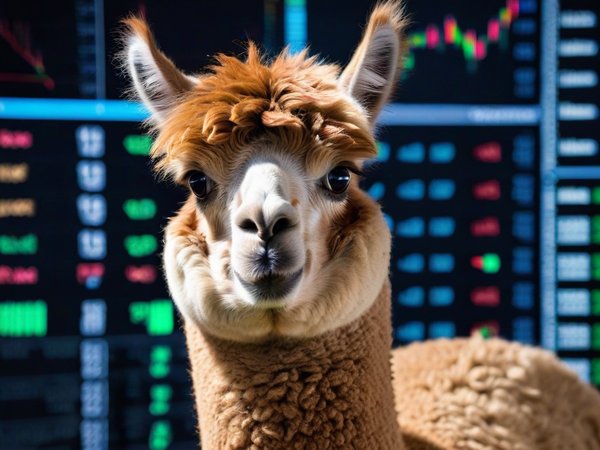 A forex trading system's alpaca looking at the camera with a surprised expression, and a forex trading chart in the background