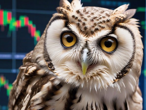 A forex trading system's owl looking at the camera with a mischievous expression, and a forex trading chart in the background