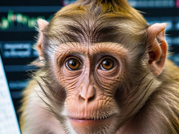 A forex trading system's monkey looking at the camera with a calm expression, and a forex trading chart in the background