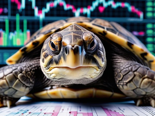 A forex trading system's turtle looking at the camera with a love-struck expression, and a forex trading chart in the background
