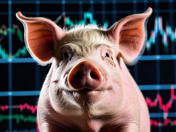 A forex trading system's pig looking at the camera with a proud expression, and a forex trading chart in the background