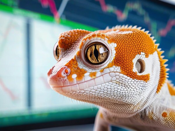 A forex trading system's gecko looking at the camera with a joyful expression, and a forex trading chart in the background