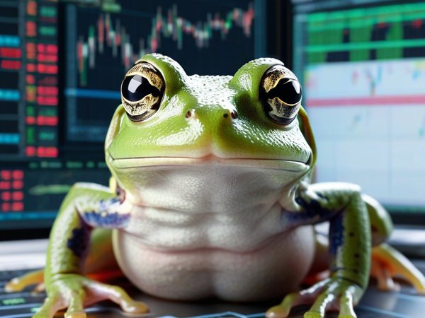 A forex trading system's frog looking at the camera with a calm expression, and a forex trading chart in the background