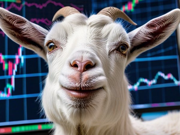 A forex trading system's goat looking at the camera with a relieved expression, and a forex trading chart in the background