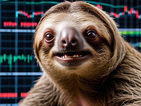 A forex trading system's sloth looking at the camera with a angry expression, and a forex trading chart in the background