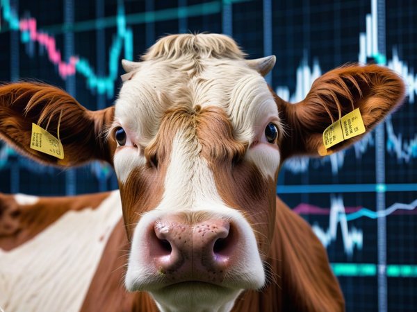 A forex trading system's cow looking at the camera with a content expression, and a forex trading chart in the background